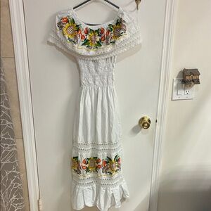 White Off-Shoulder Maxi Dress with Colorful Mexican Embroidery in Sz M